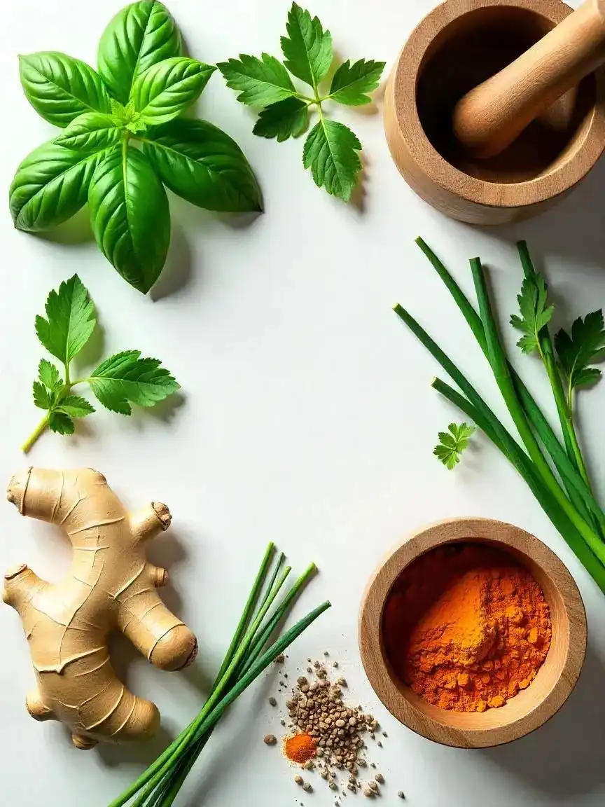 An overhead view of fresh herbs like basil, mint, cilantro, and spices including turmeric and ginger arranged on a light natural surface.