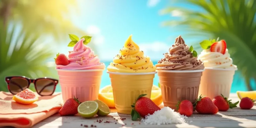 Colorful frozen yogurt cups with toppings arranged on a sunny summer-themed table with tropical decorations and fresh fruit.