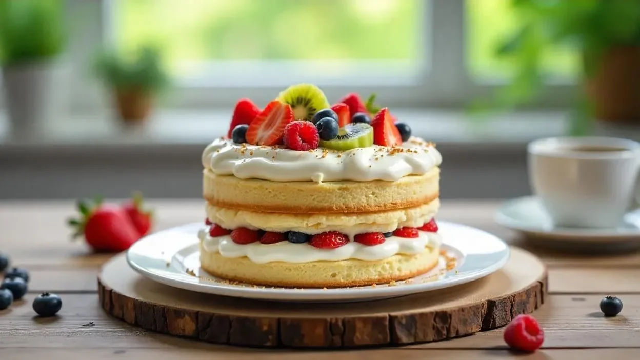 Fruit & Cream Vanilla Cake (Finnish Täytekakku) topped with fresh strawberries, berries, and kiwi, layered with whipped mascarpone cream, served on a rustic table with natural light.