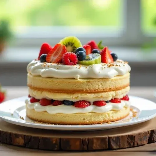Fruit & Cream Vanilla Cake (Finnish Täytekakku) topped with fresh strawberries, berries, and kiwi, layered with whipped mascarpone cream, served on a rustic table with natural light.