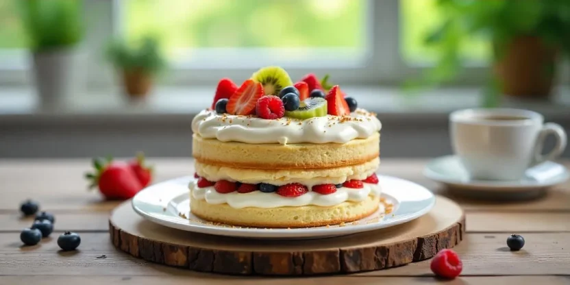 Fruit & Cream Vanilla Cake (Finnish Täytekakku) topped with fresh strawberries, berries, and kiwi, layered with whipped mascarpone cream, served on a rustic table with natural light.