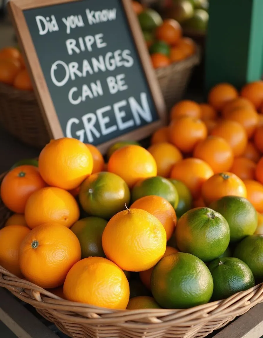 Basket of oranges in various colors from green to orange at a market stand, showing how climate affects fruit color and ripeness.
