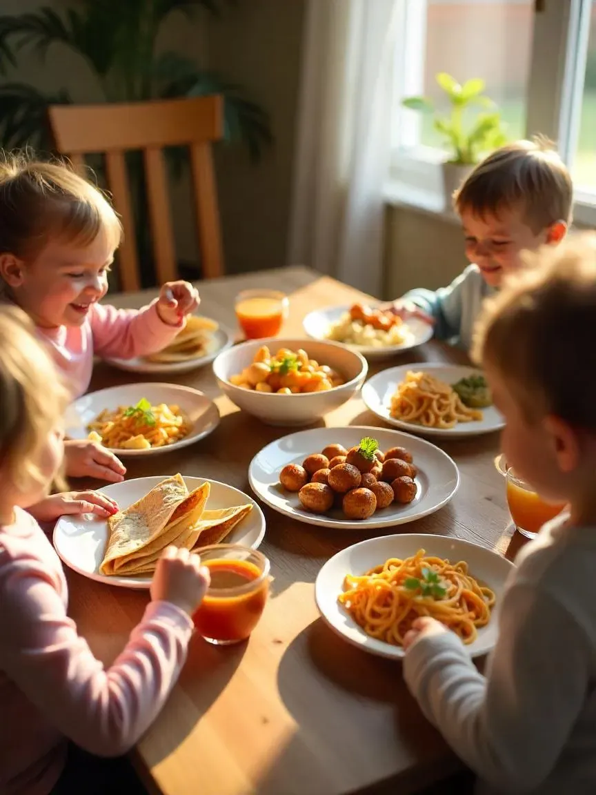 A colorful kid-friendly dinner table with playful dishes, small bowls of healthy snacks, fruits, and child-sized utensils arranged for a fun mealtime atmosphere