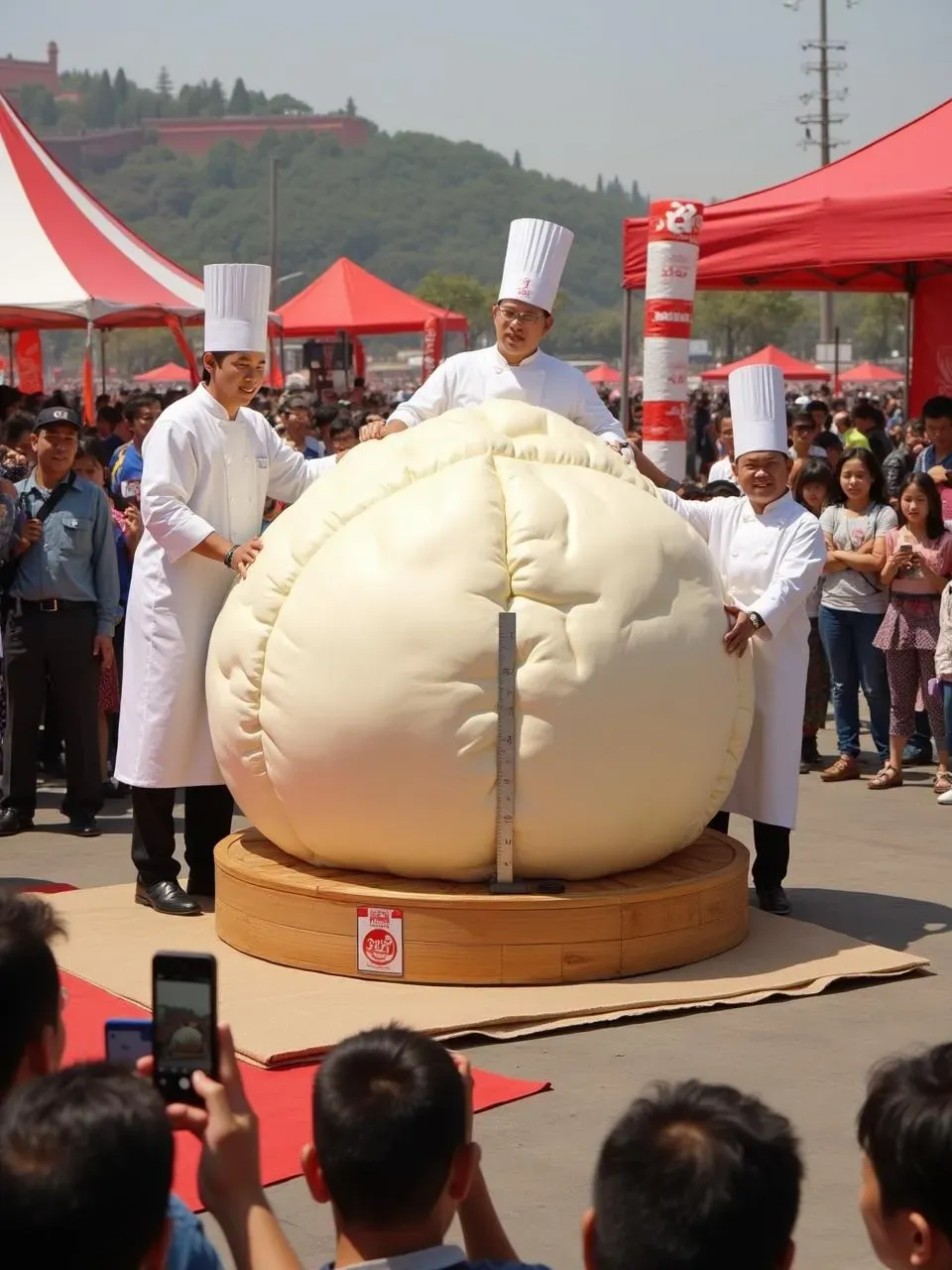 Photo of the world’s largest steamed bun on display at a Chinese food festival, surrounded by chefs and spectators.