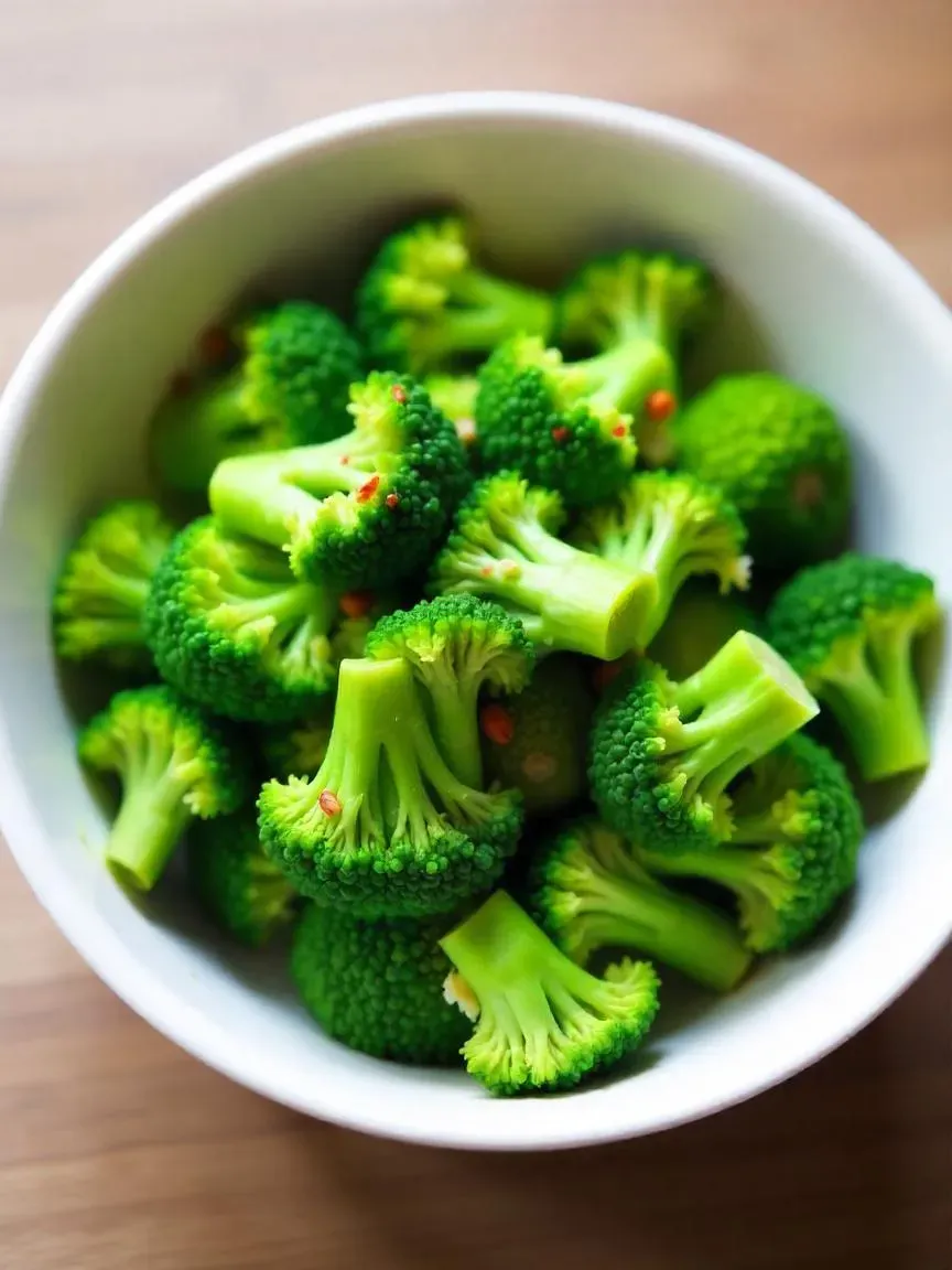 Steamed broccoli with garlic and ginger, drizzled with oil and garnished with red pepper flakes in a white bowl. 