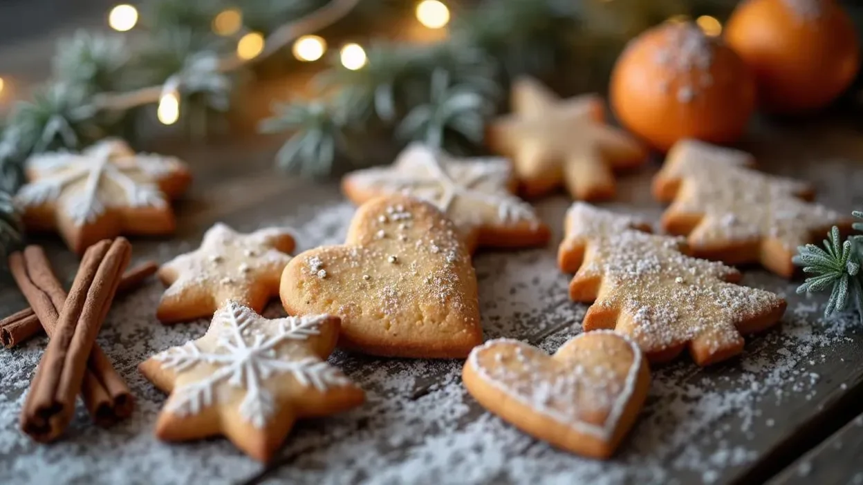 Latvian Piparkūkas: Christmas cookies shaped like stars, hearts, and trees, golden brown with cinnamon and spice, on a rustic wooden table with fir branches and fairy lights