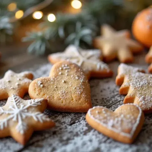 Latvian Piparkūkas: Christmas cookies shaped like stars, hearts, and trees, golden brown with cinnamon and spice, on a rustic wooden table with fir branches and fairy lights