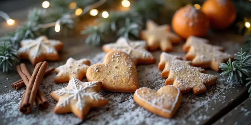 Latvian Piparkūkas: Christmas cookies shaped like stars, hearts, and trees, golden brown with cinnamon and spice, on a rustic wooden table with fir branches and fairy lights