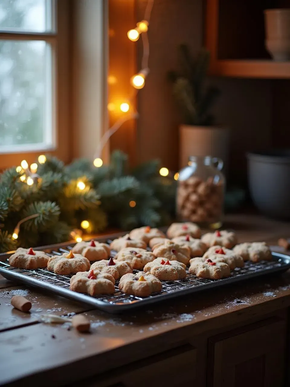 A tray of freshly baked Piparkūkas cookies cooling on a kitchen counter, holiday decorations in the background, warm and inviting atmosphere