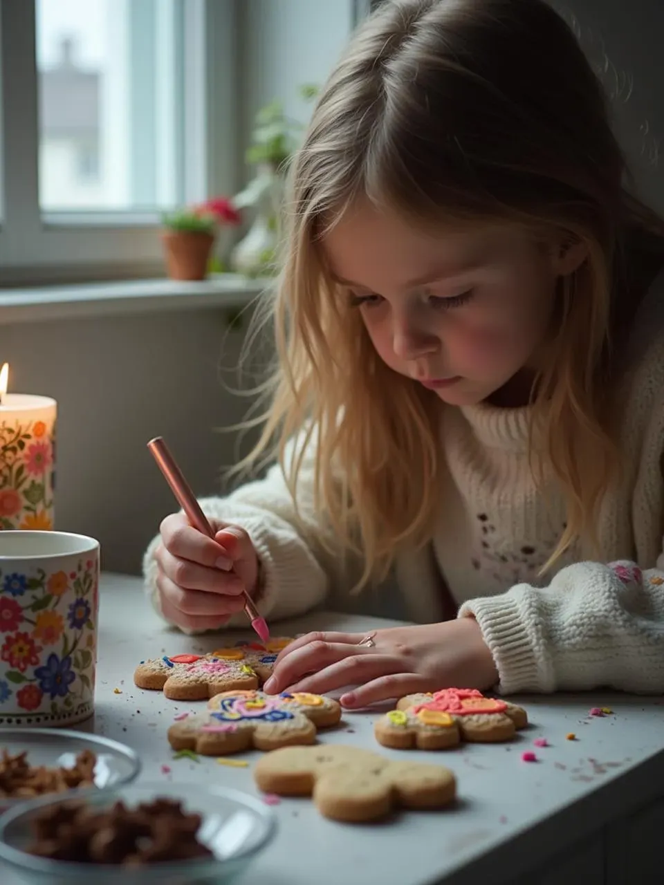Children decorating Piparkūkas cookies with icing, surrounded by bowls of spices, Latvian-style mugs, and a lit candle