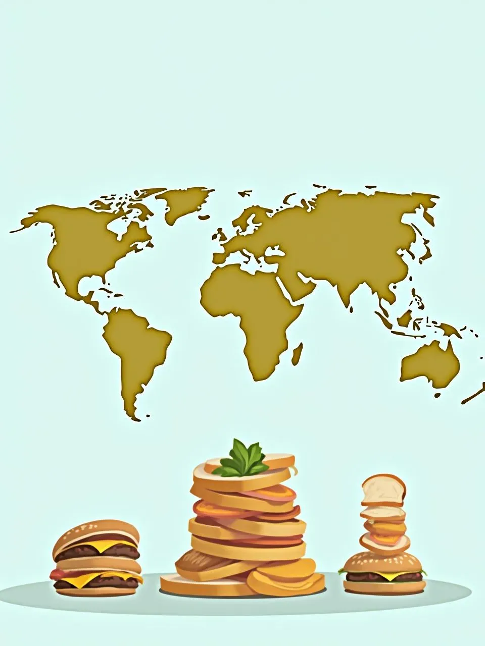 World map illustration with food piles of different sizes in the U.S., Europe, and Developing Countries, symbolizing regional differences in lifetime food consumption.