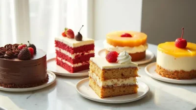 Assorted popular cakes from around the world displayed on an elegant dessert table, including chocolate, red velvet, carrot, pineapple upside-down, and more.