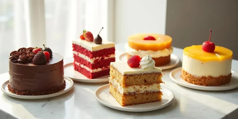 Assorted popular cakes from around the world displayed on an elegant dessert table, including chocolate, red velvet, carrot, pineapple upside-down, and more.