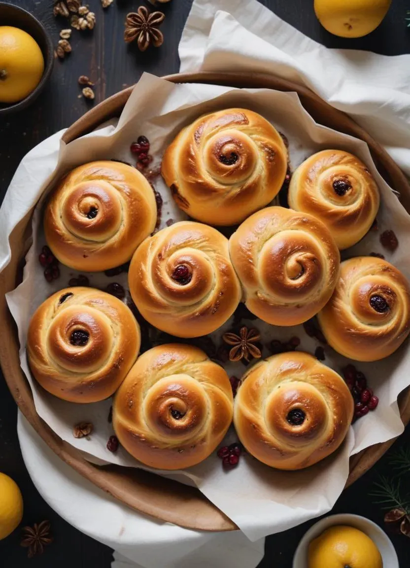 Freshly baked lussekatter buns glowing with saffron’s yellow color, arranged neatly on a rustic tray.