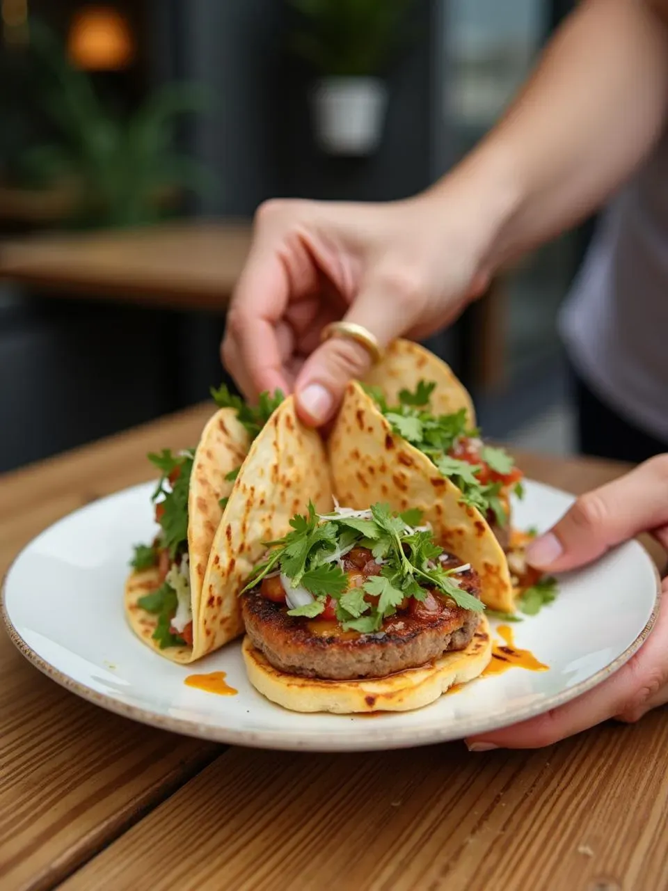 A vibrant top-down view of a gourmet street food spread: skewers of grilled meats and vegetables stacked on a wooden platform, surrounded by plates of crispy fried bites and colorful dipping sauces, with a modern, lively background surface.