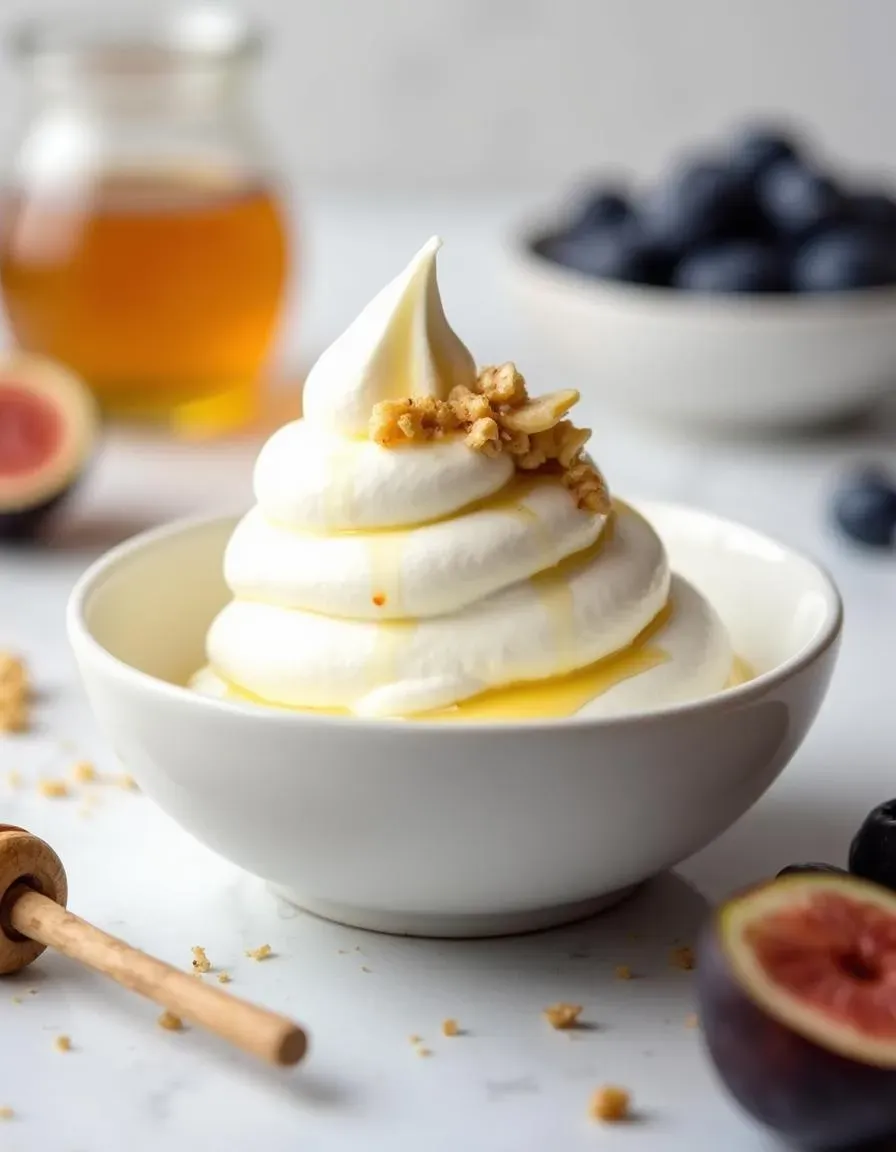 Tart Greek yogurt frozen yogurt topped with honey and nuts in a clean, simple setting. 