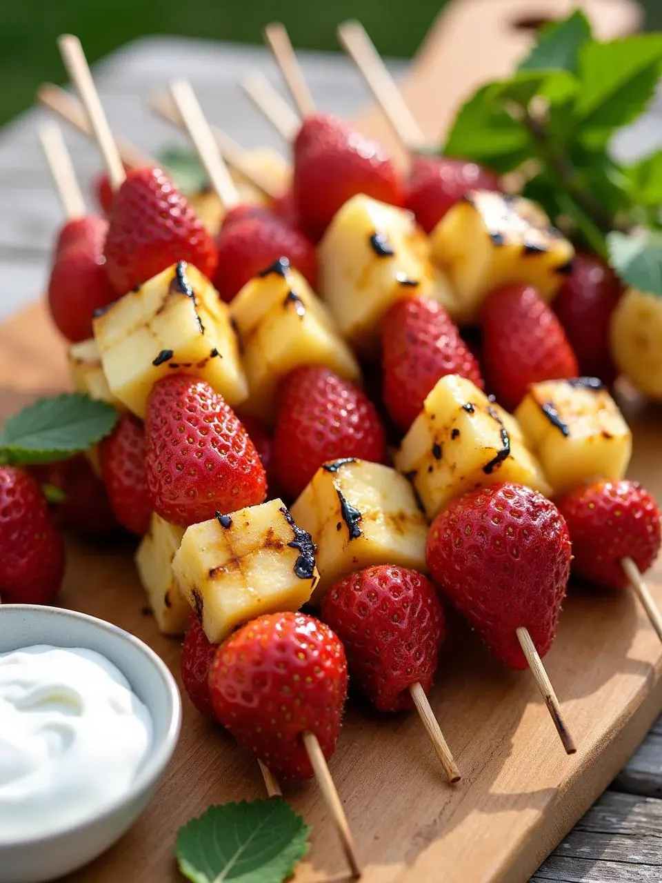 Grilled strawberry kebabs with pineapple and banana, served on a wooden board with whipped cream, mint garnish, and a summery outdoor setting.