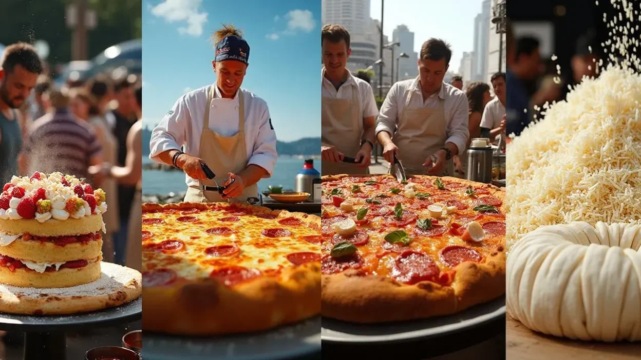 Realistic photo collage of record-breaking food moments, including a giant cake, marathon cooking, world’s largest pizza, and the heaviest rice bag on display.