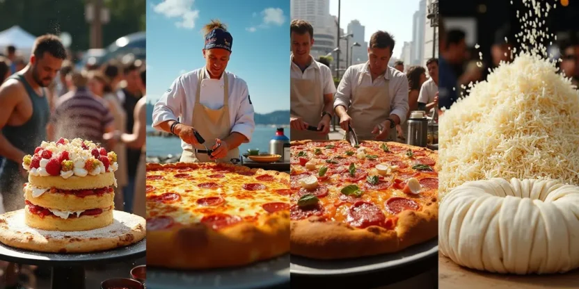 Realistic photo collage of record-breaking food moments, including a giant cake, marathon cooking, world’s largest pizza, and the heaviest rice bag on display.