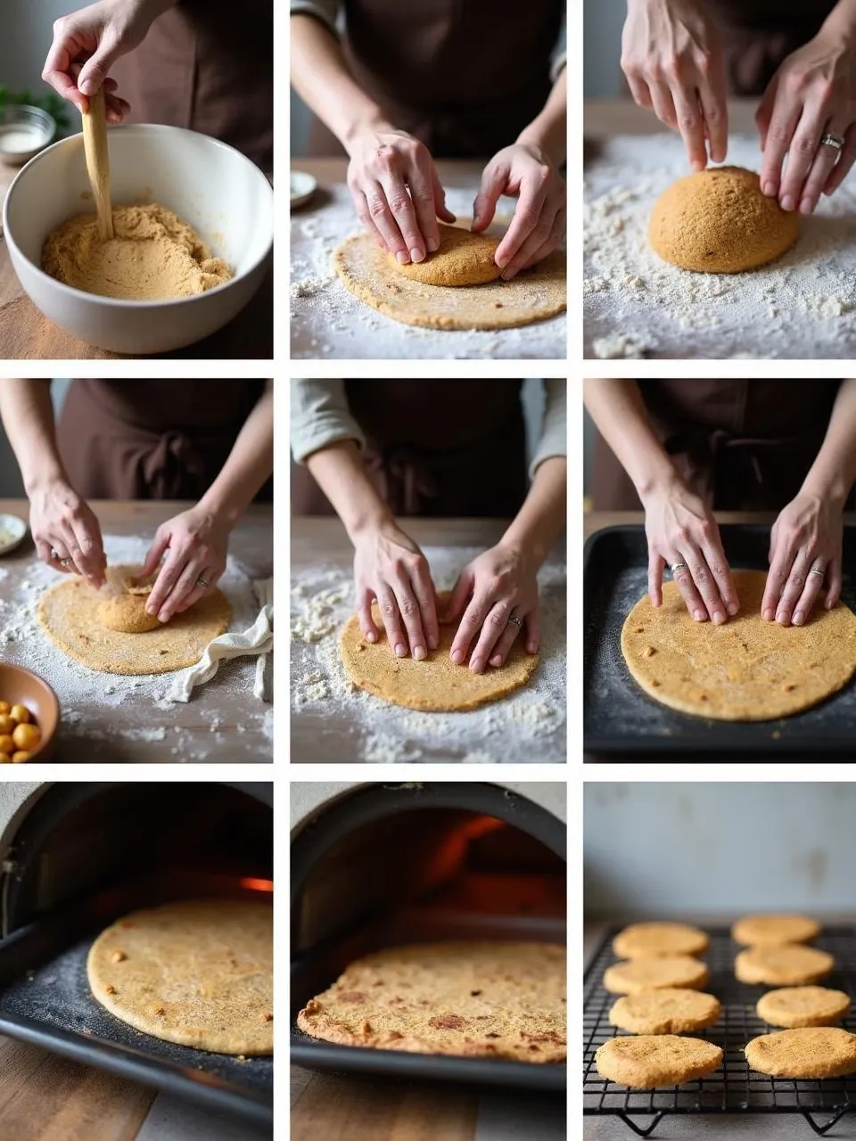 Step-by-step photos showing how to make Finnish Hapankorppu rye crispbread, from mixing dough to baking and cooling.