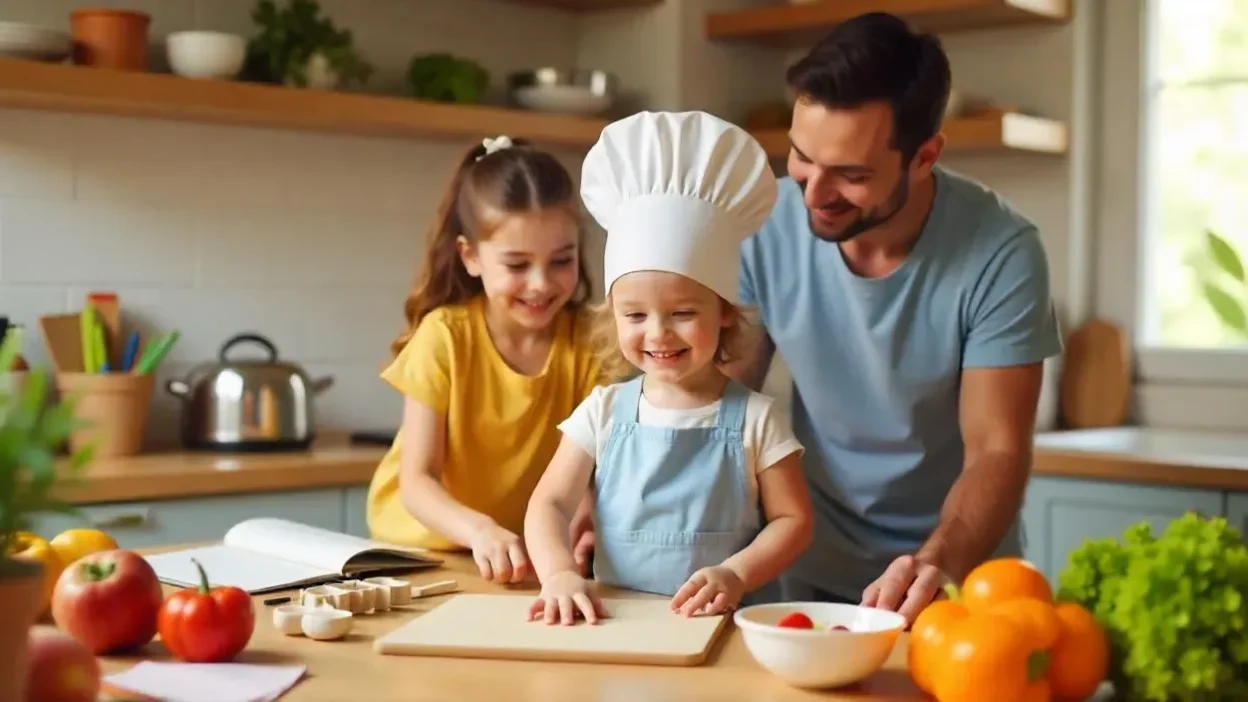A child in a chef hat happily cooking with a parent in a bright family kitchen, surrounded by fruits, utensils, and colorful ingredients.
