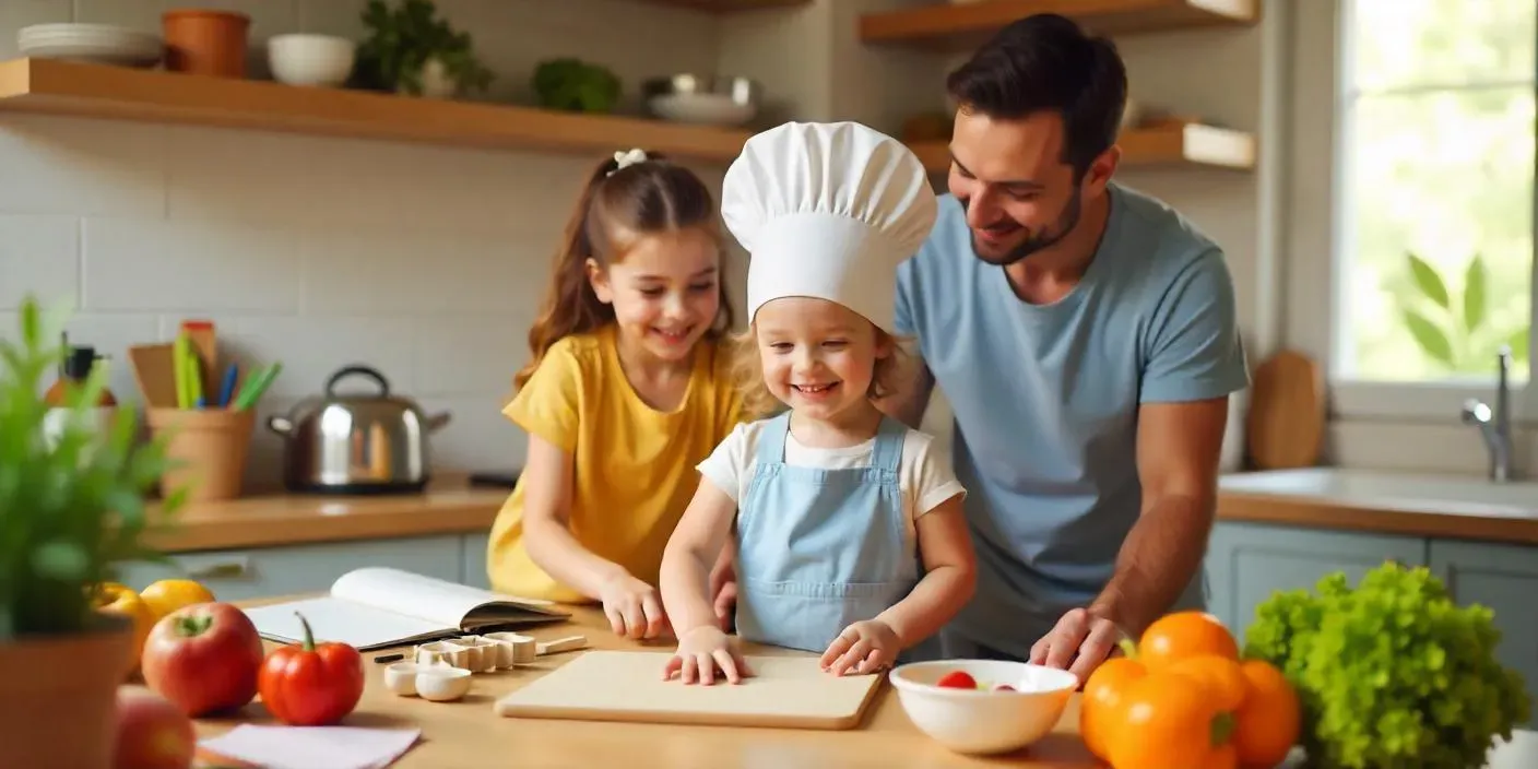 A child in a chef hat happily cooking with a parent in a bright family kitchen, surrounded by fruits, utensils, and colorful ingredients.