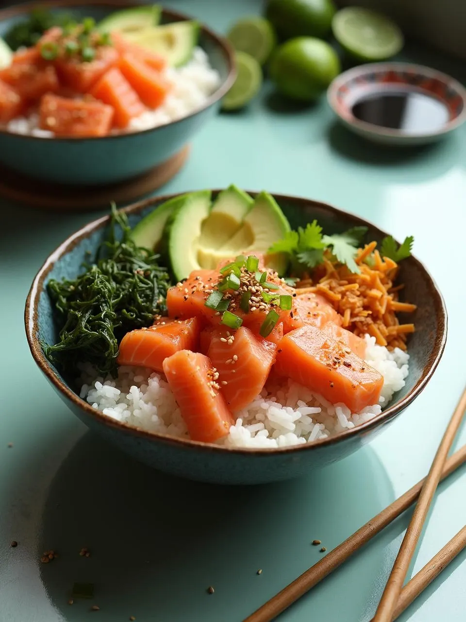 Poke bowl with marinated salmon cubes, avocado, seaweed salad, cucumber, pickled ginger, and sesame seeds over sushi rice, styled with tropical elements.