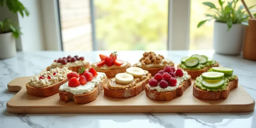 Assorted energy-boosting breakfast toasts with colorful toppings like avocado, berries, hummus, and nut butters, displayed on a wooden board in a bright kitchen.