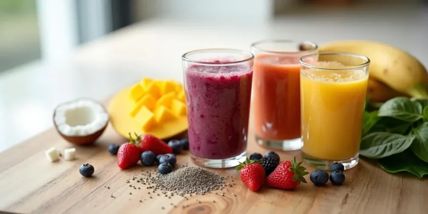 Colorful smoothie glasses surrounded by fresh ingredients like mango, berries, greens, and chia seeds, representing healthy energy drinks.