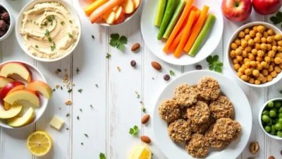 A colorful assortment of healthy snack ideas for all ages, including apple slices with almond butter, veggie sticks with hummus, roasted chickpeas, avocado rice cakes, cottage cheese with pineapple, trail mix with nuts and seeds, dark chocolate almonds, and whole grain crackers with cheese, arranged on a bright tabletop for a wellness blog.