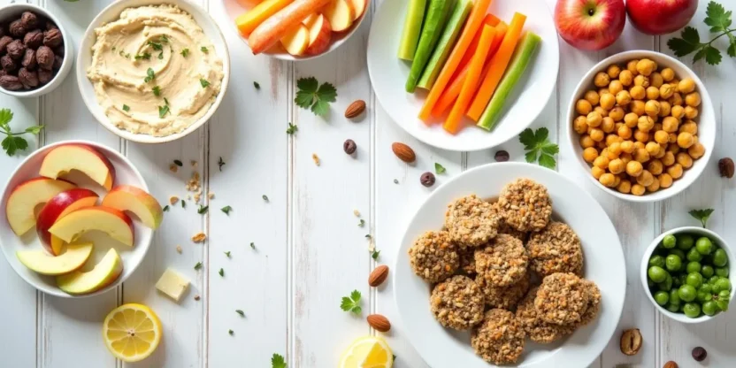 A colorful assortment of healthy snack ideas for all ages, including apple slices with almond butter, veggie sticks with hummus, roasted chickpeas, avocado rice cakes, cottage cheese with pineapple, trail mix with nuts and seeds, dark chocolate almonds, and whole grain crackers with cheese, arranged on a bright tabletop for a wellness blog.