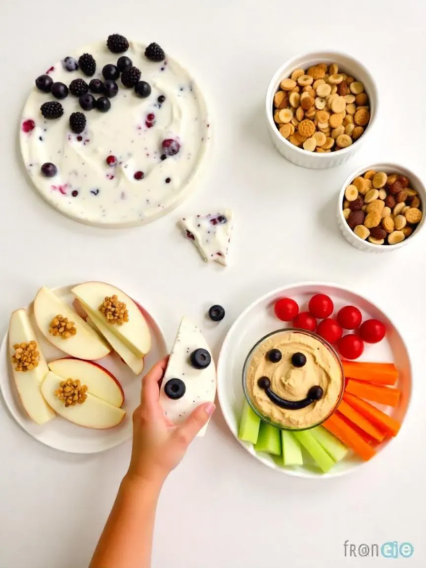 An assortment of fun and healthy kids’ snacks including yogurt bark, apple cookies, trail mix, and hummus with veggie dippers arranged in a smiley face.