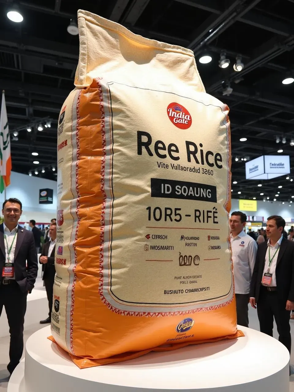 Photo of the world’s heaviest rice bag displayed at a food expo, labeled with an Indian rice brand and surrounded by spectators.