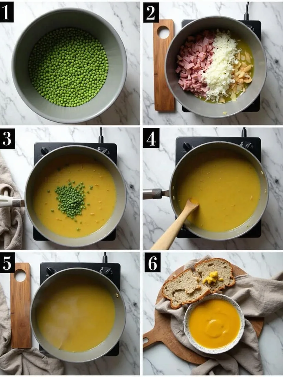 Step-by-step preparation of traditional Finnish split pea soup (Hernekeitto), from soaking peas to simmering and serving.