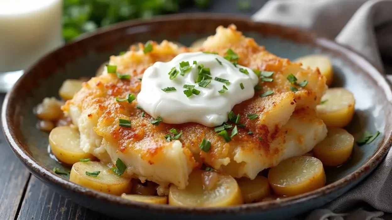 raditional Latvian herring and potato casserole in a ceramic baking dish, topped with golden sour cream crust and fresh dill, rustic table setting