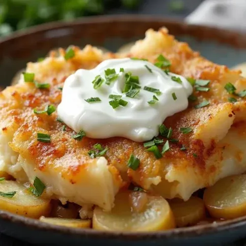 raditional Latvian herring and potato casserole in a ceramic baking dish, topped with golden sour cream crust and fresh dill, rustic table setting