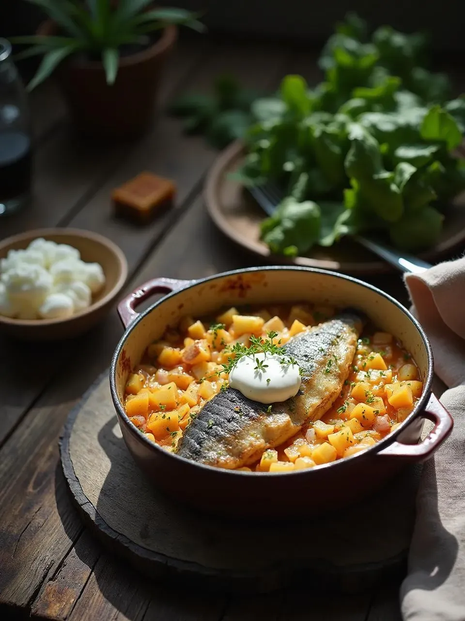 Traditional layered fish and potato casserole with creamy crust