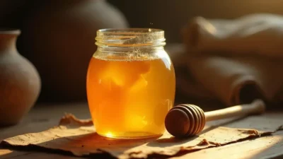 A jar of raw honey next to ancient pottery, symbolizing its long shelf life and natural preservation.