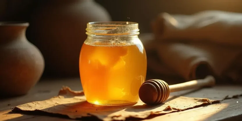A jar of raw honey next to ancient pottery, symbolizing its long shelf life and natural preservation.