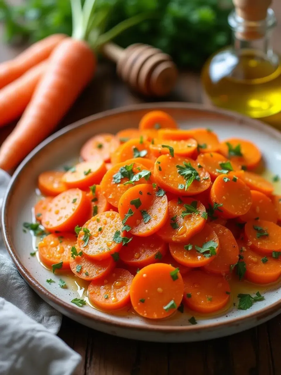Warm honey-glazed carrot salad with fresh herbs served on a ceramic plate, surrounded by garden-fresh carrots, olive oil, and honey in a rustic setting.