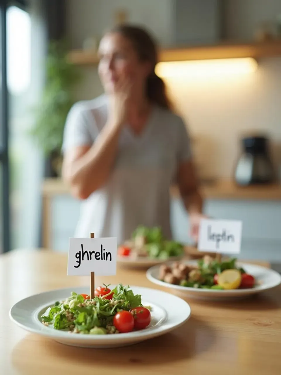 Realistic concept photo showing ghrelin and leptin through visual symbols and a person being mindful of hunger and fullness during a meal.