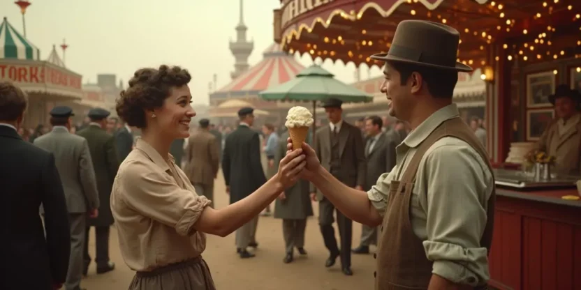 Historic-style photo of a vendor at the 1904 World’s Fair serving an ice cream cone to a visitor, marking the invention moment.