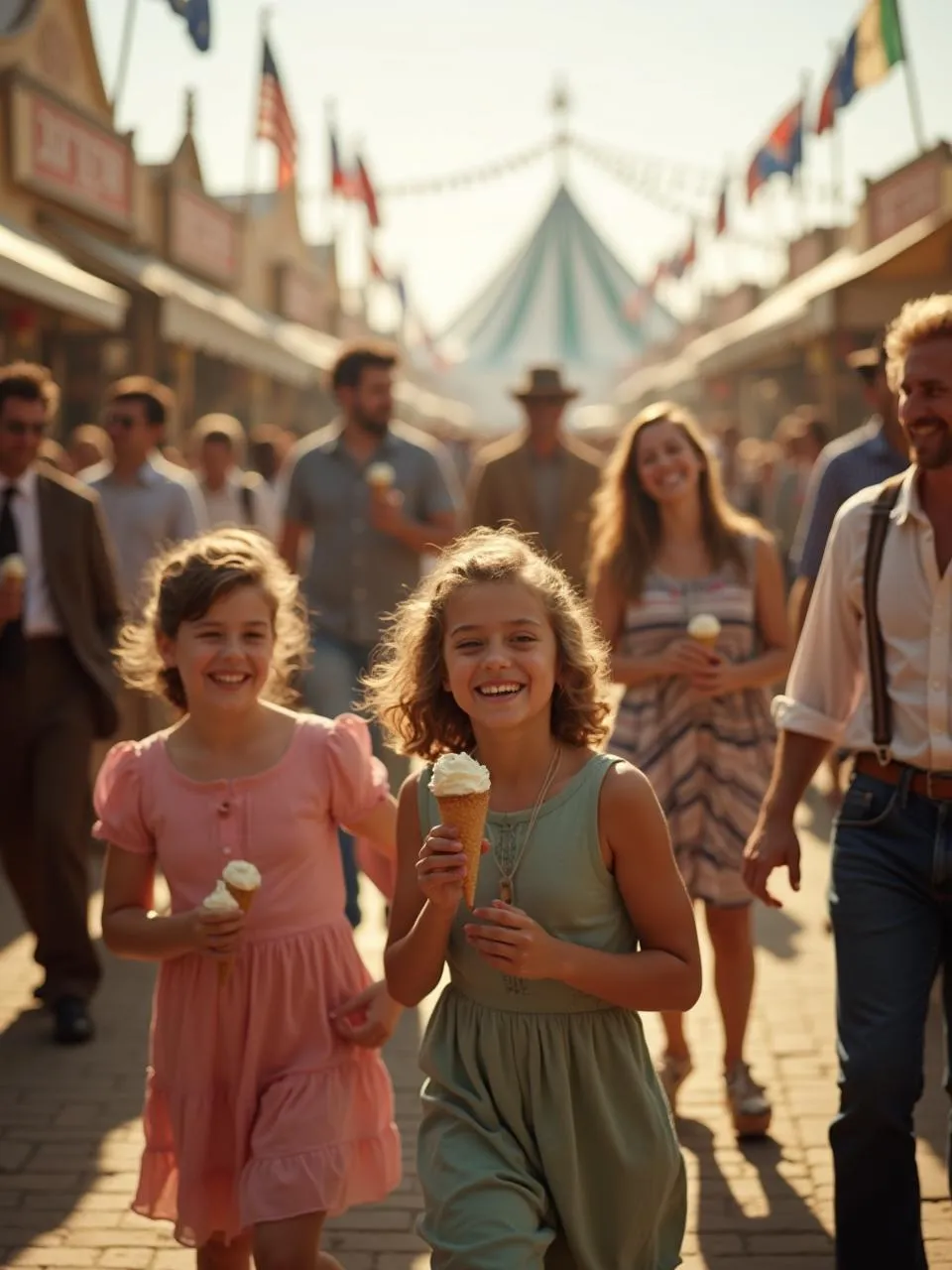 Smiling visitors at the 1904 World’s Fair enjoying ice cream cones, capturing the moment the dessert became an instant hit.
