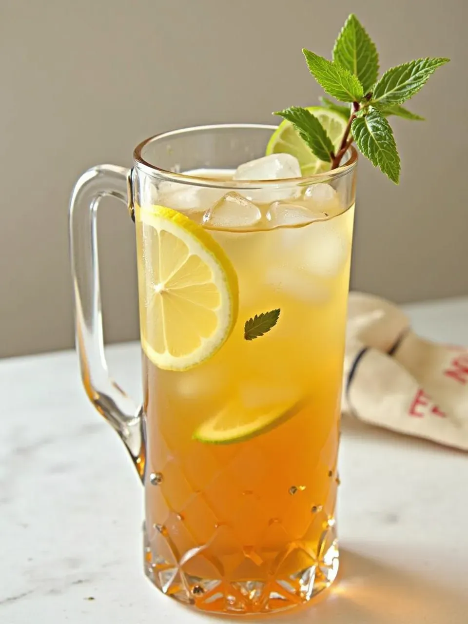 A refreshing glass of iced tea cold brew with citrus slices and ice cubes, served on a sunny table with a light and summery vibe