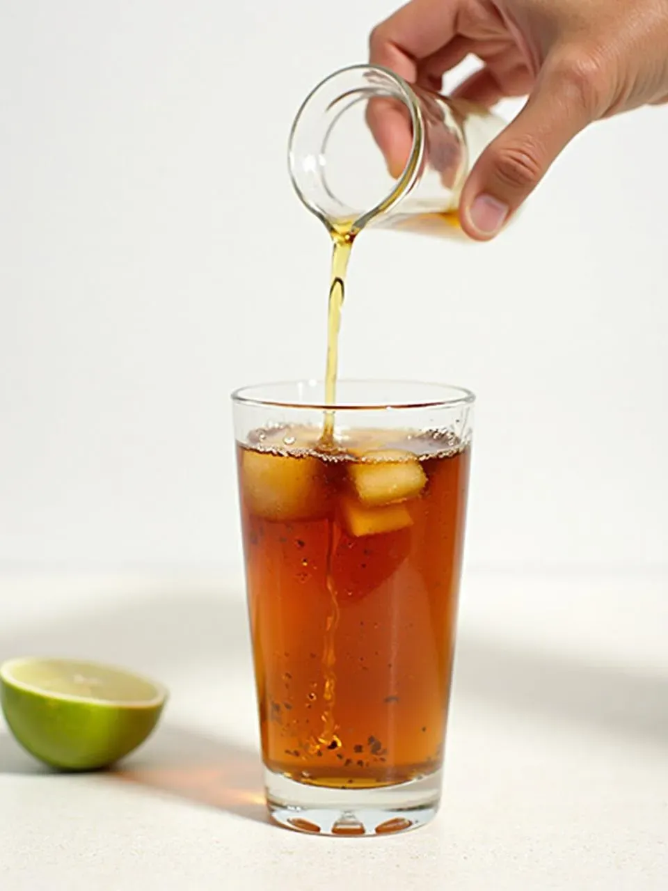 Essential ingredients for making iced tea, including loose tea leaves, citrus fruits, fresh herbs, and a jar of honey, arranged on a bright kitchen counter