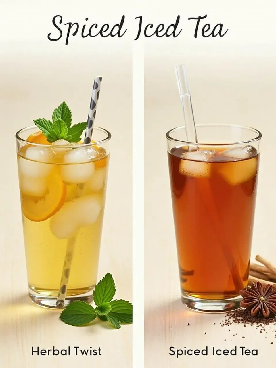 Two glasses of iced tea: one with herbal infusions like mint and chamomile, the other with warm spices like cinnamon and cardamom, styled on a wooden tray with garnishes.
