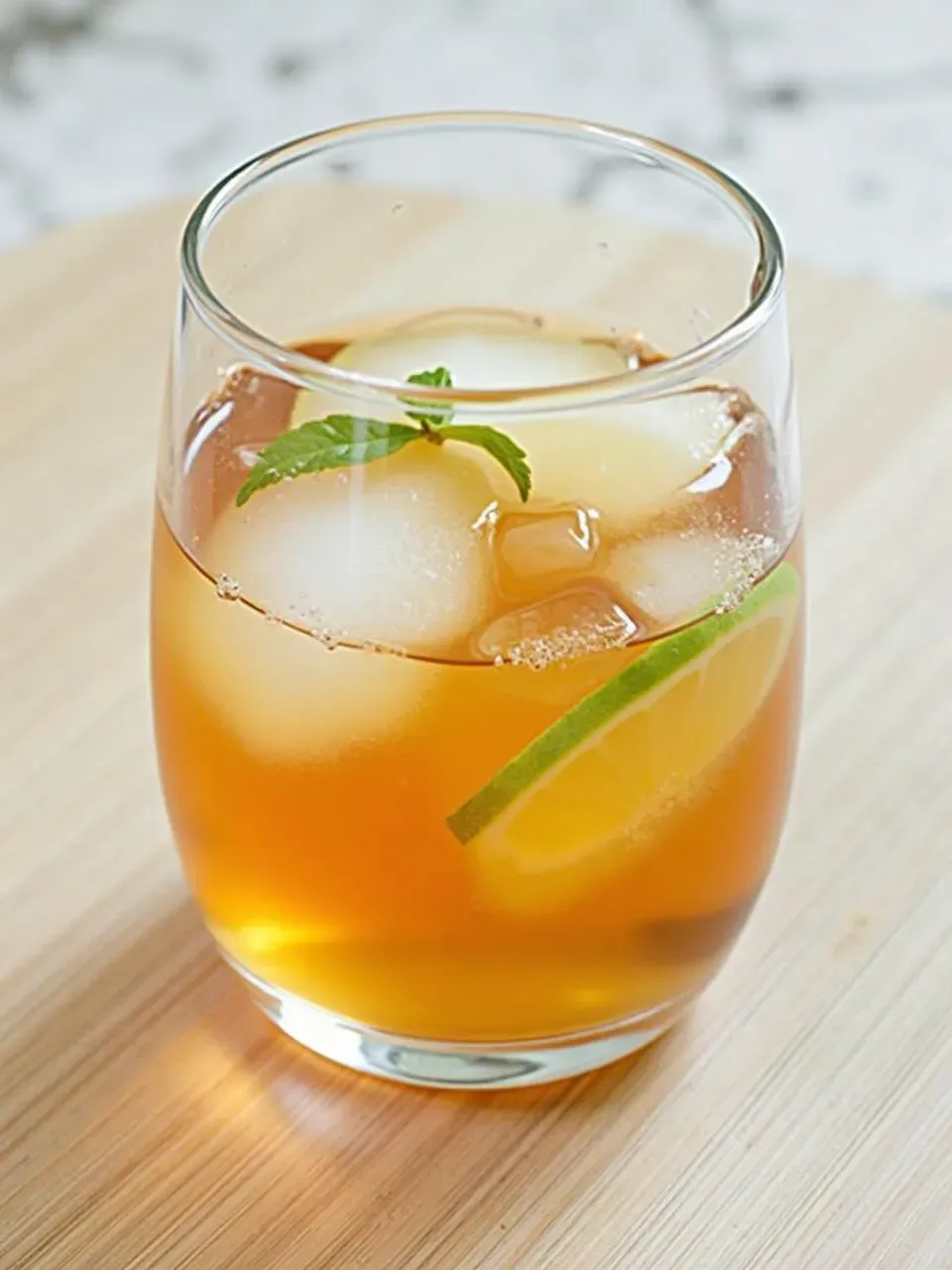 A tall glass of iced tea with lemon slices and ice, set against a bright summer backdrop as a refreshing seasonal drink