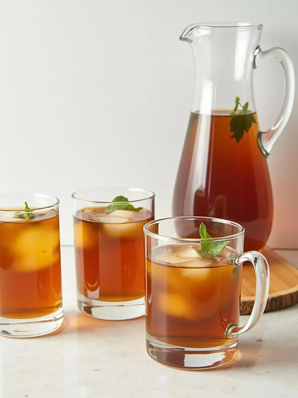 Pitcher of iced tea stored in a refrigerator next to tea-infused ice cubes and labeled glass containers, showing proper cold storage techniques.