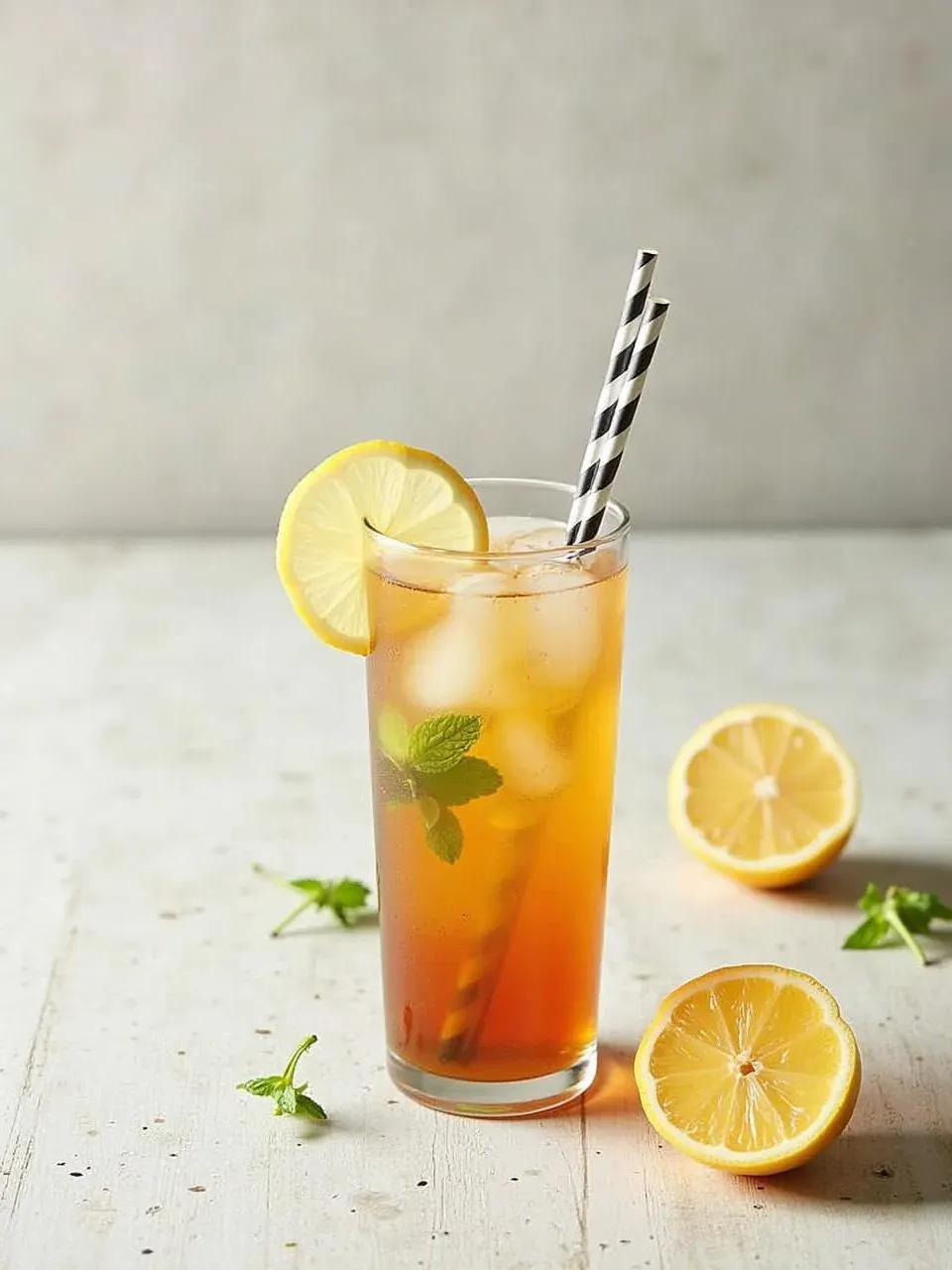 Process of preparing hot-brew iced tea with a teapot, honey jar, fresh fruits, herbs, and a glass filled with ice — showing sweeteners and brewing steps.