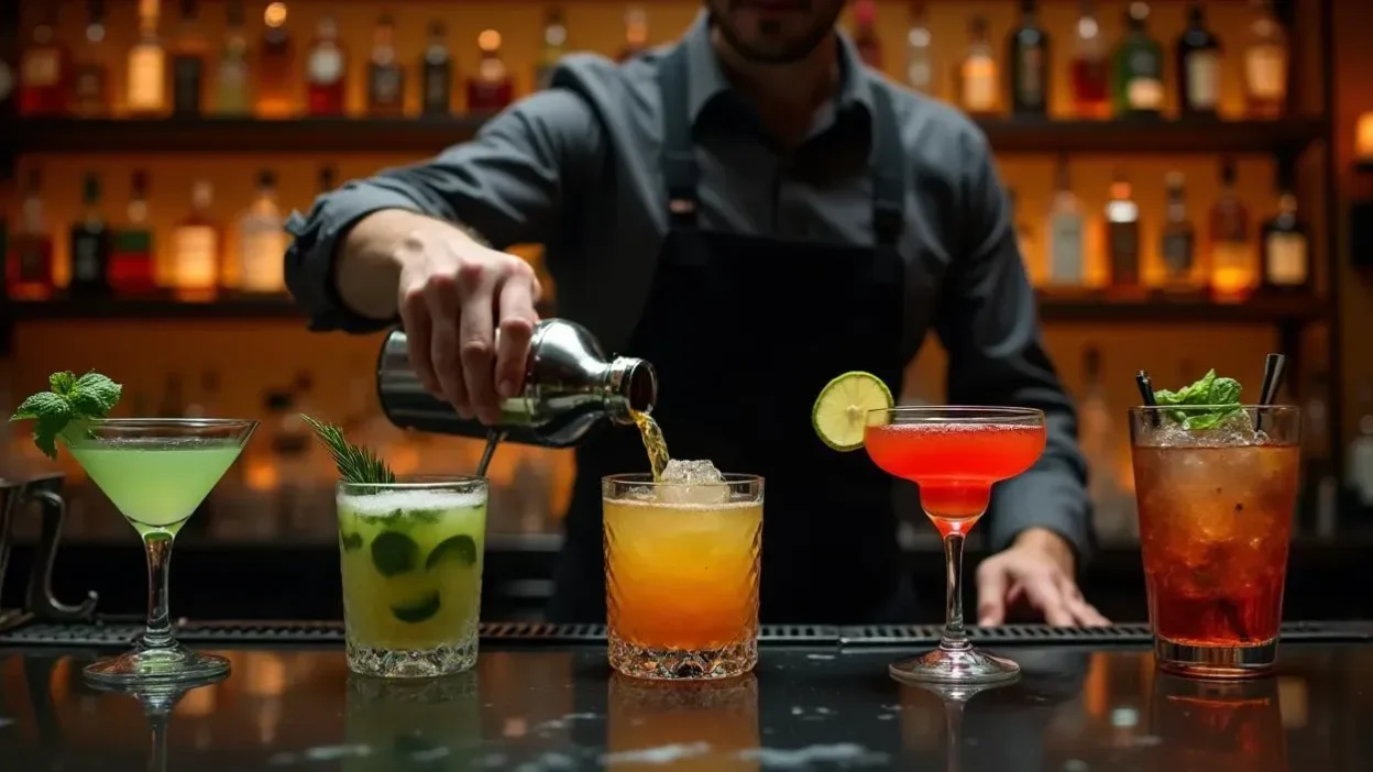 Bartender preparing cocktails in an upscale bar with classic drinks like Martini, Mojito, Old Fashioned, and Negroni on display.